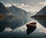 Calm lake setting with lone boat nestled among mountains.