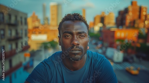 Thoughtful but Determined African American Man Against City Backdrop at Golden Hour