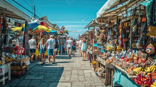 Visitors wander among colorful stalls under a blue sky in an outdoor market, exploring a variety of local goods and souvenirs. Resplendent.