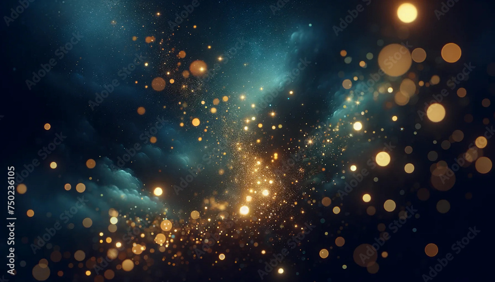 Floating gold sparkles on a deep navy blue sky background reminiscent of a starry night. - obrazy, fototapety, plakaty 