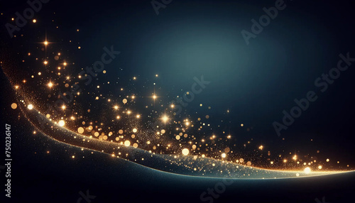 Starry night floating gold sparkles on dark navy background photo