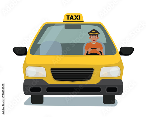 Happy young taxi driver driving yellow cab