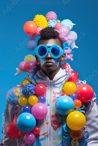 A man in an air-breathing man with colorful balls modern realism embraces style