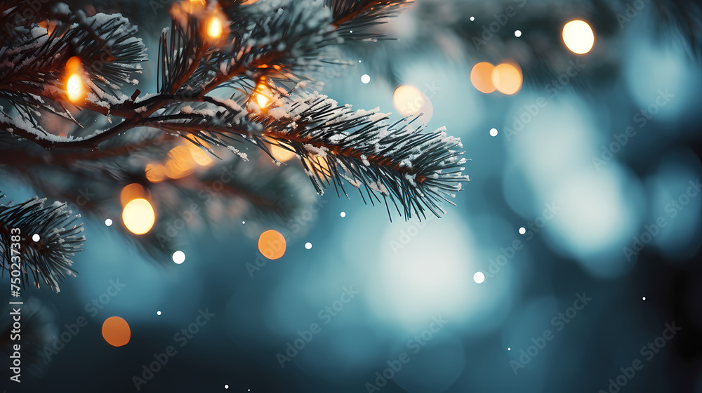 Fototapeta premium Christmas tree branches with bokeh lights and snowflakes on blurred background