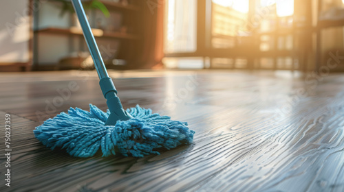 Microfiber wet mop pad cleaning wooden laminate floor in sunlit room. Cleaning products, sustainable cleaning and household chores concepts.