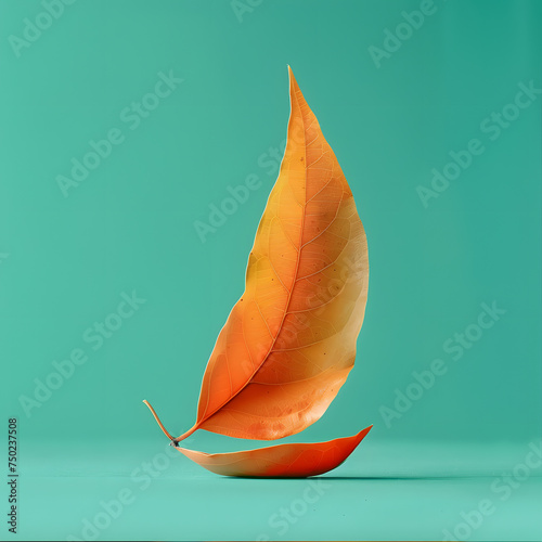 A yellow leaves float on a clear blue background, resembling a small boat on a vast. Creative minimal concept of a nautical summer and autumn vacation