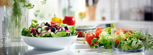 Natural fresh vegetables salad banner tomato pepper lettuce leaves  vegetarian diet healty meal eating light cuisine sunny day cooking home indoor dinner