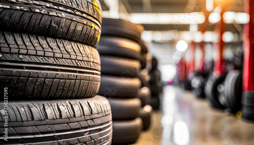Pilha de pneus automotivos expostos para divulgação e venda ao fundo uma oficina mecância ou um depósito de auto peças.