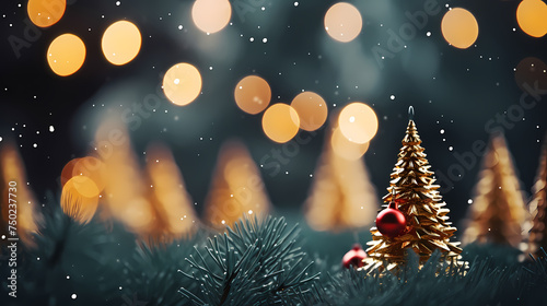 Christmas tree branches with bokeh lights and snowflakes on blurred background © xuan