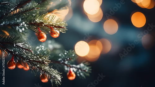 Christmas tree branches with bokeh lights and snowflakes on blurred background