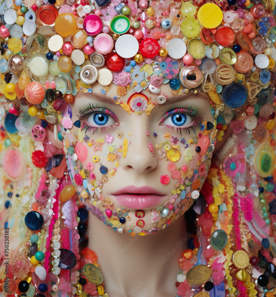 The face of a woman covered in buttons modern realism embrace style