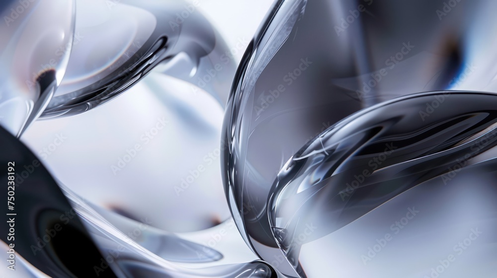 Abstract 3D render of metallic fluid shapes with a chrome finish on a white background.