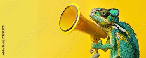 a happy chameleon holding a yellow megaphone speaking in it with yellow solid background