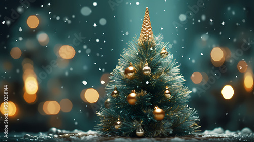 Christmas tree branches with bokeh lights and snowflakes on blurred background
