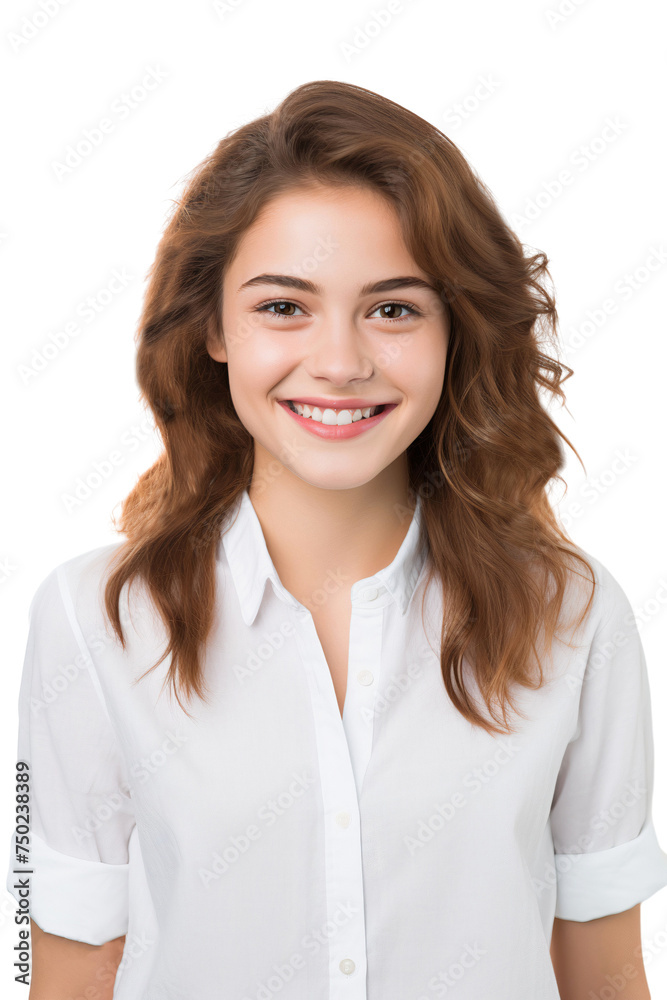 Portrait of a young woman smiling and looking happy, isolated on white background Portrait of a young woman smiling and looking happy, isolated on white background