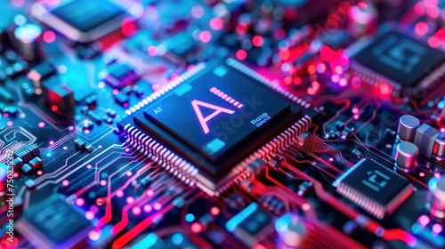 Close-up of advanced microchip for artificial intelligence training acceleration. AI letters on colorful computer chip.