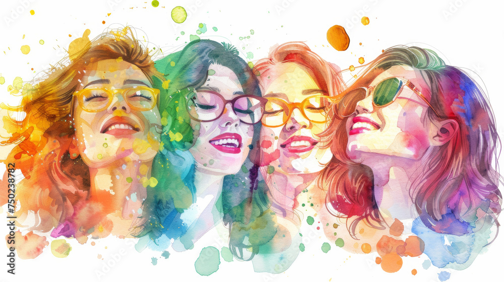 Naklejka premium Diverse group of women in watercolor art. Infectious laughter and dynamic bond, International Women's Day, joy of friendship, and the celebration of diversity.
