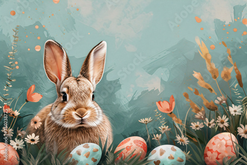 Watercolor illustration of a cute fluffy rabbit sitting on spring field with colorful decorated Easter eggs hiding in the grass. Happy Easter banner or card template with copy space