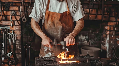 A skilled blacksmith forges glowing metal with a heavy hammer atop an anvil in a traditional smithy with ambient lighting