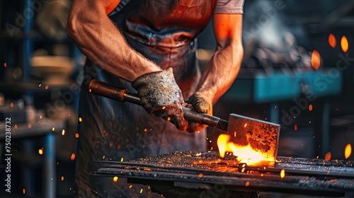 An expert artisan blacksmith intensely focuses on shaping a piece of hot metal using a forge tool on an anvil amidst flying sparks