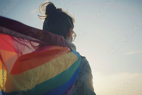 person with lgbt pride flag draped over shoulders © TomAI