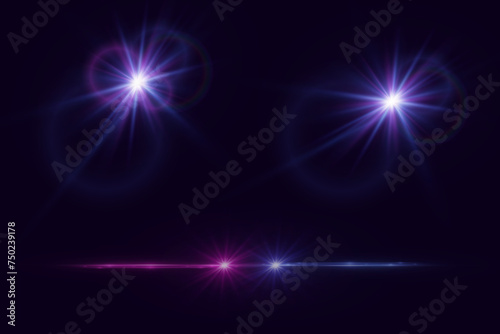 Set of light flashes and lens. Glare of light and lenses. Vector EPS10 