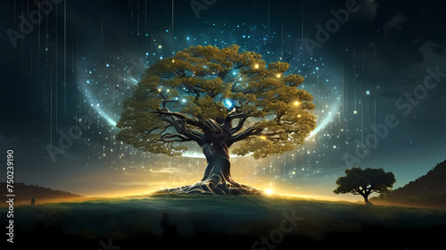 A big tree stands in the middle of the grass, and the sky is shining with stars