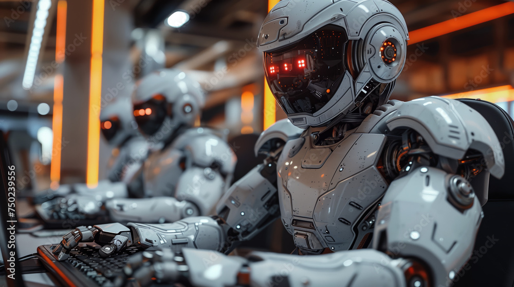 Fototapeta premium Robots at work, robots in the office, robots busy in a row