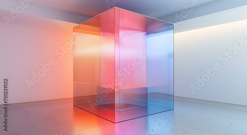 Colorful light interacts with a clear cube, casting vibrant gradients