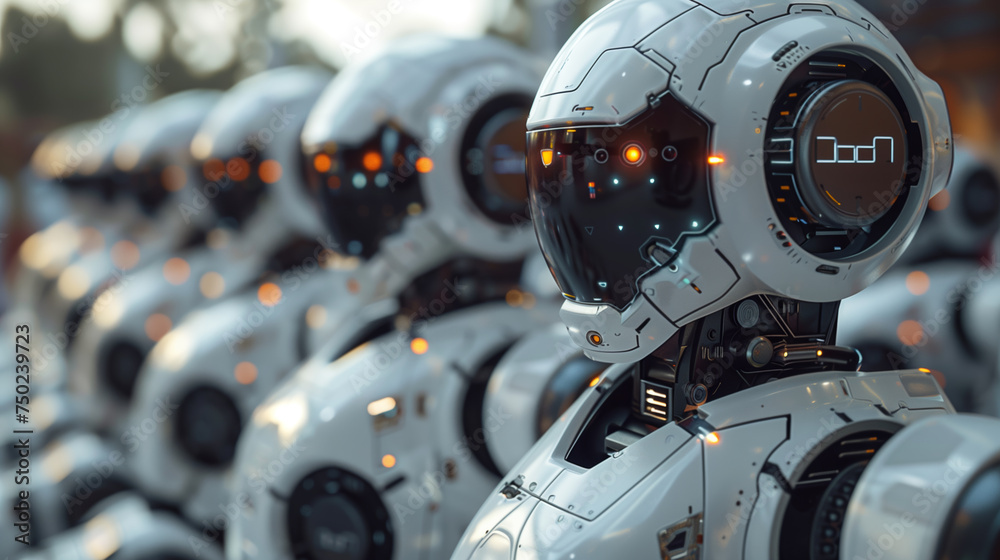 Fototapeta premium Robots at work, robots in the office, robots busy in a row