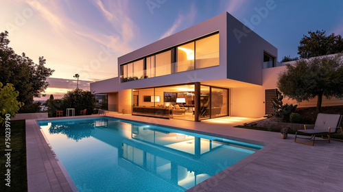 Swimming pool and illuminated modern house exterior against the sky. Generative Ai © Witri