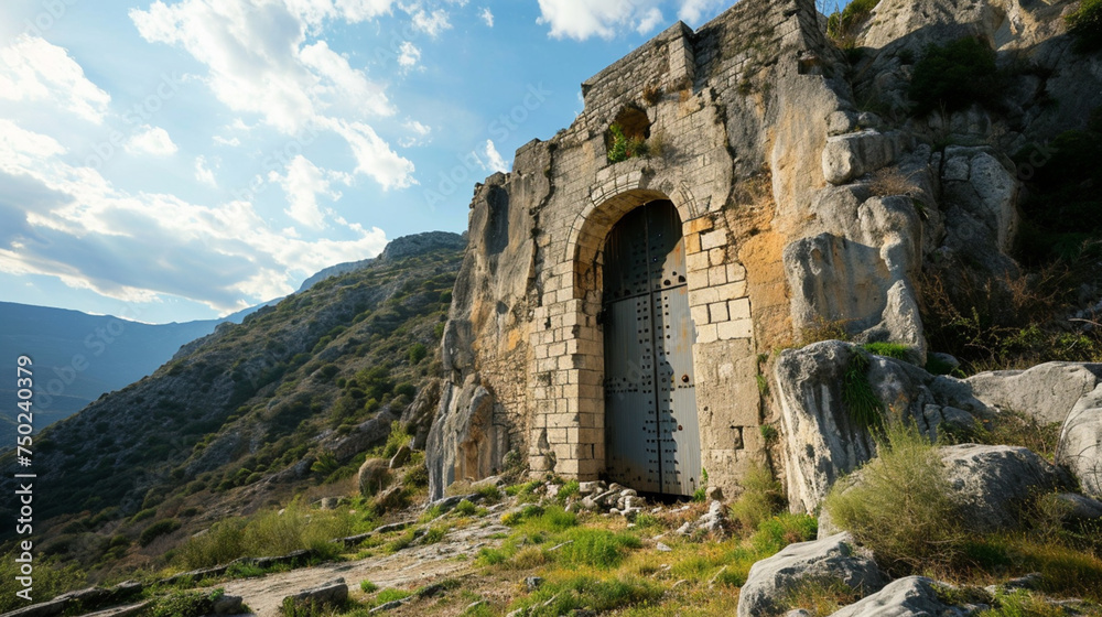 The castle in mountain with huge door in rock. Generative Ai