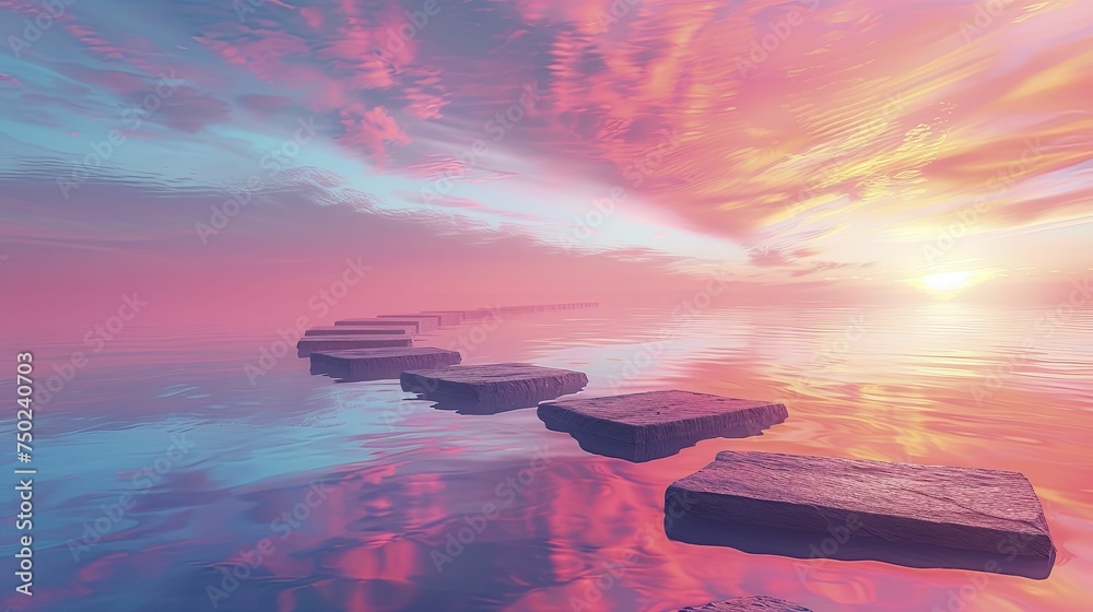 Abstract gradient sky leads eyes to innovative products with floating steps, enticing curiosity. Abstract gradient sky leads eyes to innovative products with floating steps, enticing curiosity.