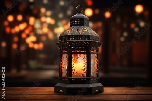 Lantern on wooden table at night, Ramadan Kareem background, Ai Generated photo