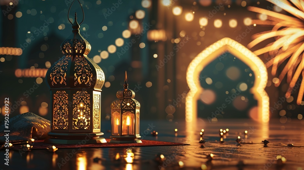 Fototapeta premium Ramadan Kareem background with arabic lanterns and mosque, Ai Generated