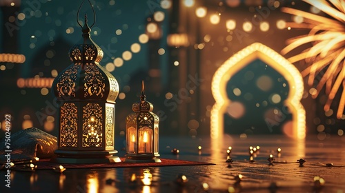Ramadan Kareem background with arabic lanterns and mosque, Ai Generated