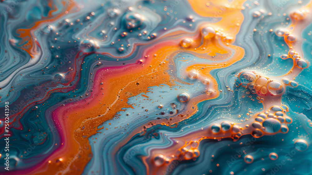 The dynamic image illustrates vivid colors flowing with floating bubbles, suggesting movement and balance