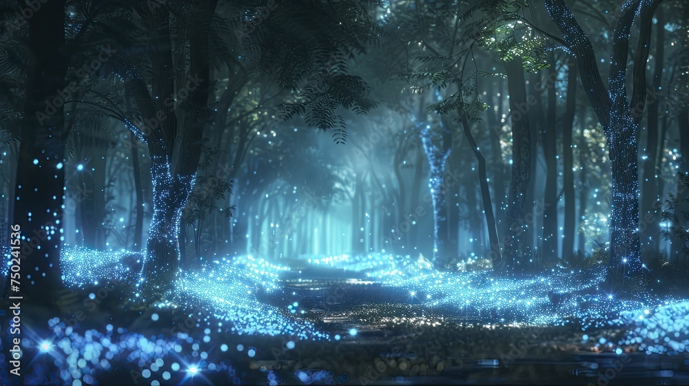 Luminous bioluminescent forest enhances natural beauty and health products.