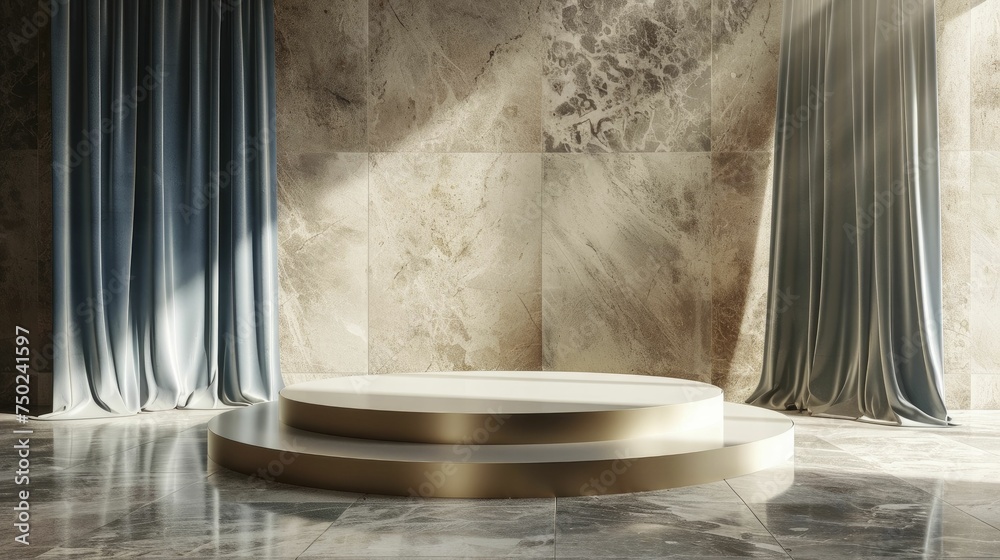 Luxurious velvet textures complemented by an elegant pedestal for showcasing high-end fashion. Luxurious velvet textures complemented by an elegant pedestal for showcasing high-end fashion.