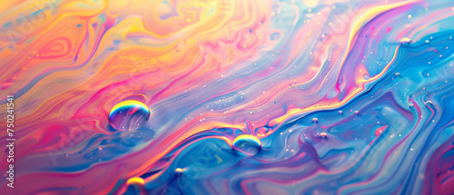 An enchanting composition of swirling colors and popping bubbles captured in this mesmerizing close-up of liquid art