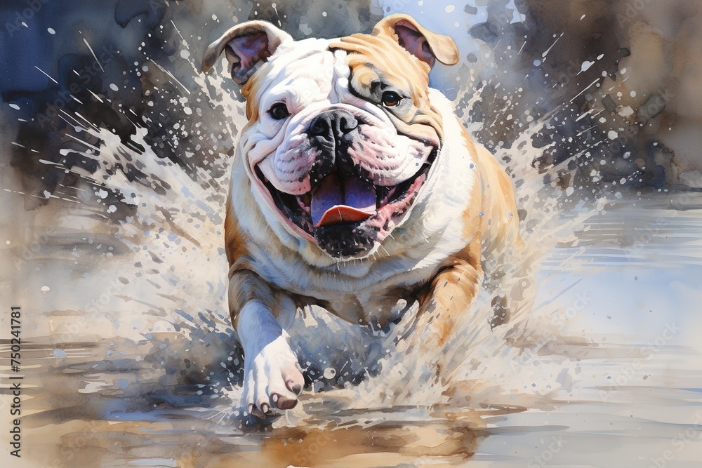 Happy bulldog in the water river splatter with generative AI