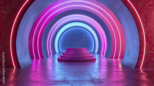 A neon-lit tunnel showcases a central podium, emphasizing innovative designs at the forefront.