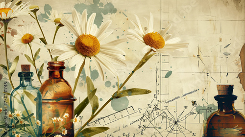 Floral print on paper with flowers in bottles