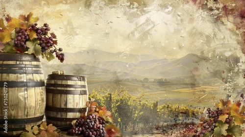Rustic abstract vineyard scene with wine barrels for gourmet foods and wine accessories photo
