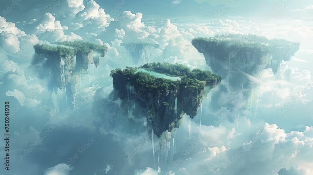 A surreal abstract landscape featuring floating islands, ideal for adventurous brand visuals. - obrazy, fototapety, plakaty 