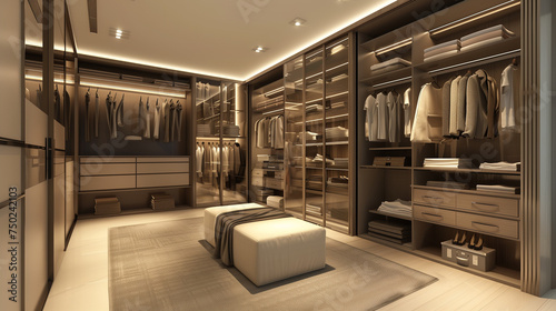 Luxurious walk-in closet with bright lighting and comfortable furnishings