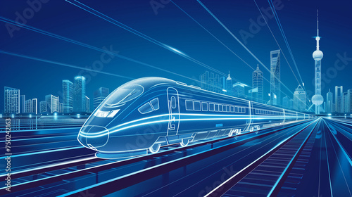 Blueprint of an express train that is leaving a big city