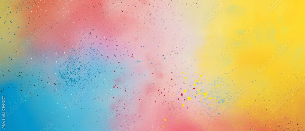 This background image showcases a smooth blend of blue, pink, yellow, and red hues with added paint splatters for texture