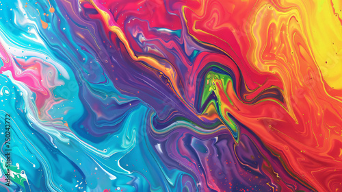 An abstract rendition of fluid motion, with dominant red and blue shades merging in a striking liquid form
