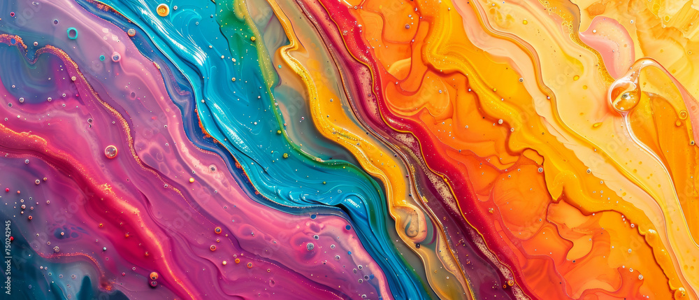 A dynamic mix of colors swirls together to form a vivacious abstract fluid art piece, with a glossy, almost alive appearance